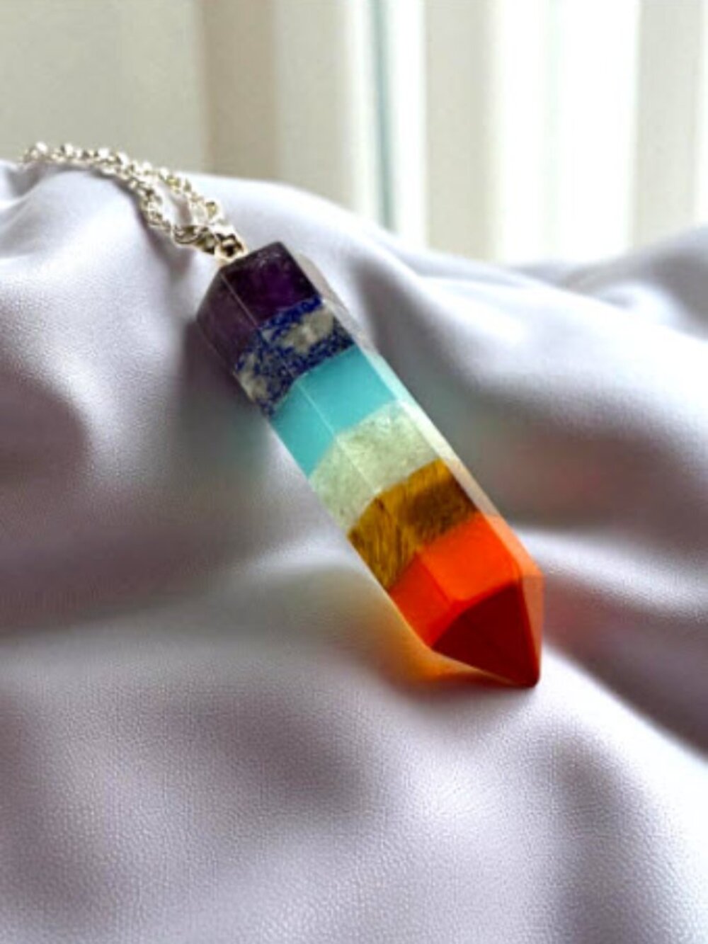 7 Chakra Gemstone Point Necklace Diamond Cut Stainless Steel Chain 18" Handmade